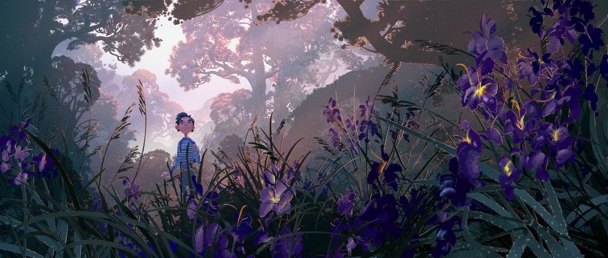 the digital painting depicts a young boy with a backpack standing in a mystical forest.  he's surrounded by tall grass and a profusion of vibrant purple irises. the forest is dense with trees, their silhouettes visible against a soft, diffused light suggesting either dawn or dusk.  the overall mood is serene and slightly magical, with an atmospheric perspective that creates depth and enhances the feeling of being immersed in a fantastical natural setting. the style of the artwork is whimsical and stylized, with a painterly texture.