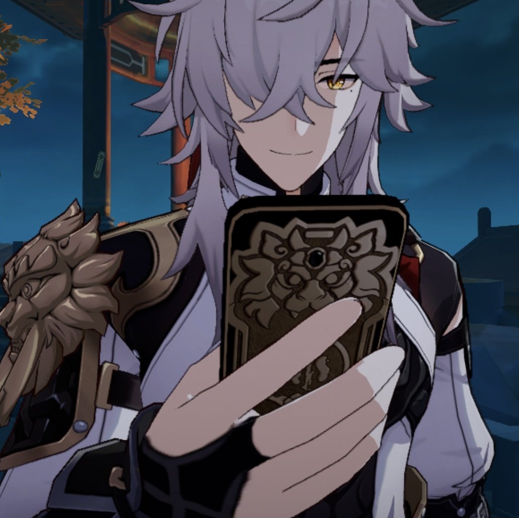 an animestyle male character with white hair and golden eyes is holding a phone with a golden phone case. he is looking at the screen of the phone while smiling. he has a dark background behind him. this is a scene from the popular video game genshin impact. the character is likely albedo, a popular character in the game.