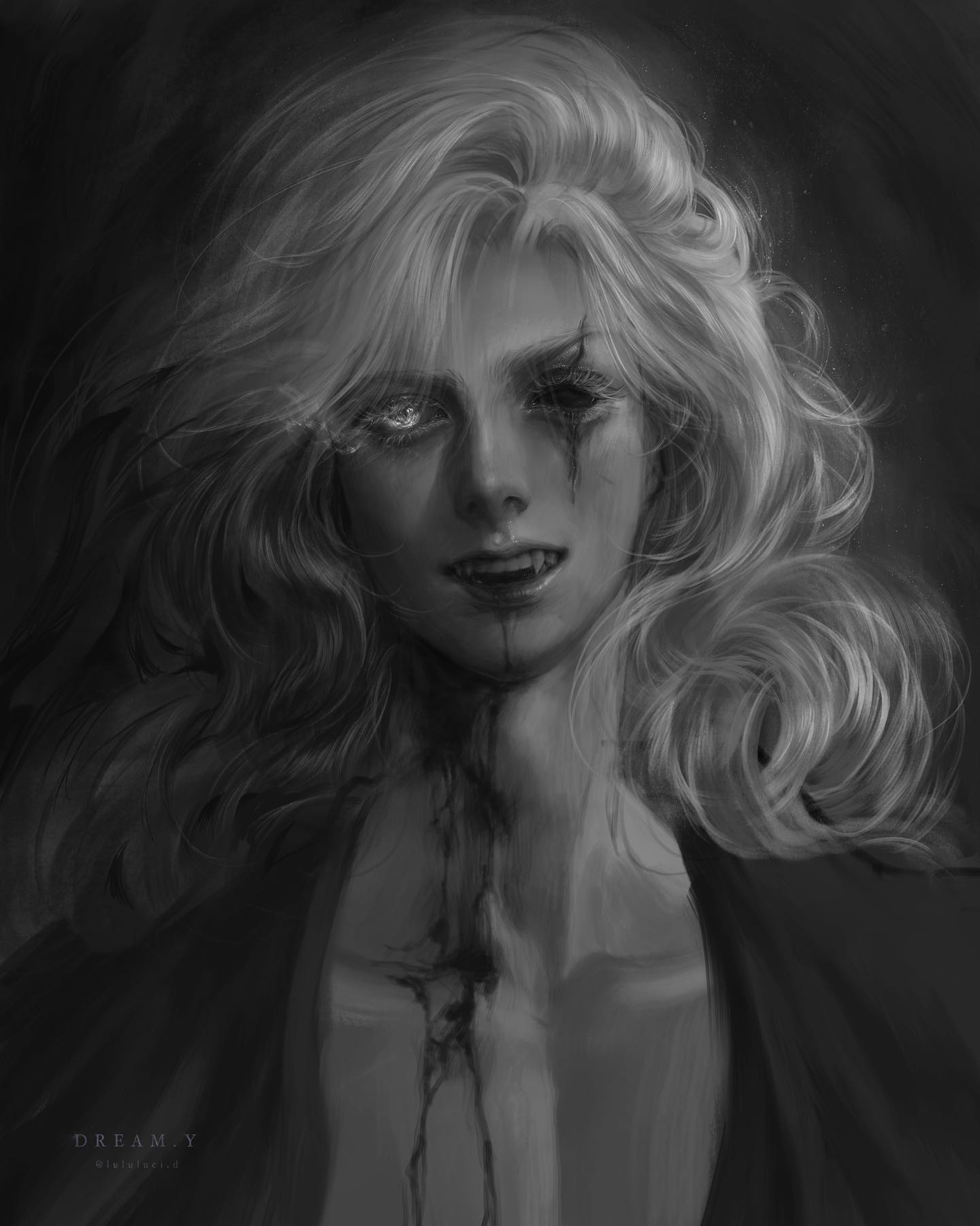 a black and white portrait of a woman with long blonde hair and a dark, mysterious expression. she is wearing a dark outfit and has blood dripping down her chest. the woman's fangs are visible, suggesting that she is a vampire. the image has a gothic and fantasy style, with a dark and atmospheric feel.