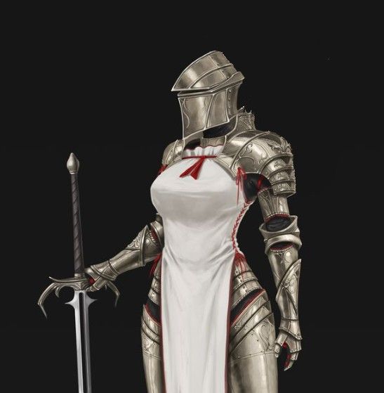 a female knight stands in profile, her body clad in ornate steel armor.  a long, bloodstained sword is held in her right hand. she wears a white tabard over the armor, also marked with bloodstains. the background is a stark black, focusing attention on the detailed armor and the subtle lighting.  the low camera angle creates a sense of power and intimidation.
