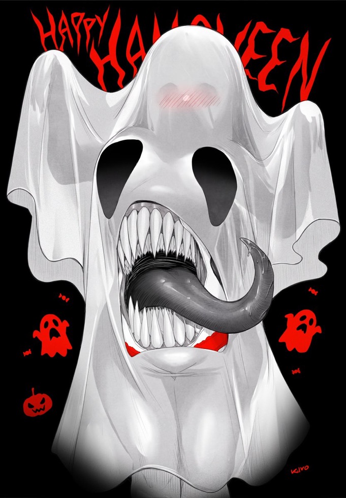 this image features a white ghost with a gaping mouth, showing sharp teeth and a long, curled tongue. the ghost is blushing slightly and has large, dark eyes. the image has a black background with red text that reads "happy halloween." there are also small red ghost silhouettes in the corners of the image.