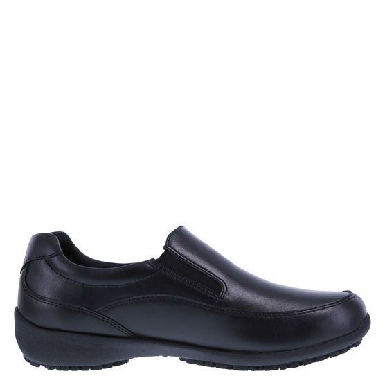 a black leather slipon shoe is depicted in the image. the shoe is shown from the side, allowing a clear view of its overall design and construction. the upper part of the shoe is made of smooth black leather. the sole is also black, and it appears to be made of a durable material. the shoe's slipon design indicates it's meant for easy wear and removal. the image is shot against a neutral background.