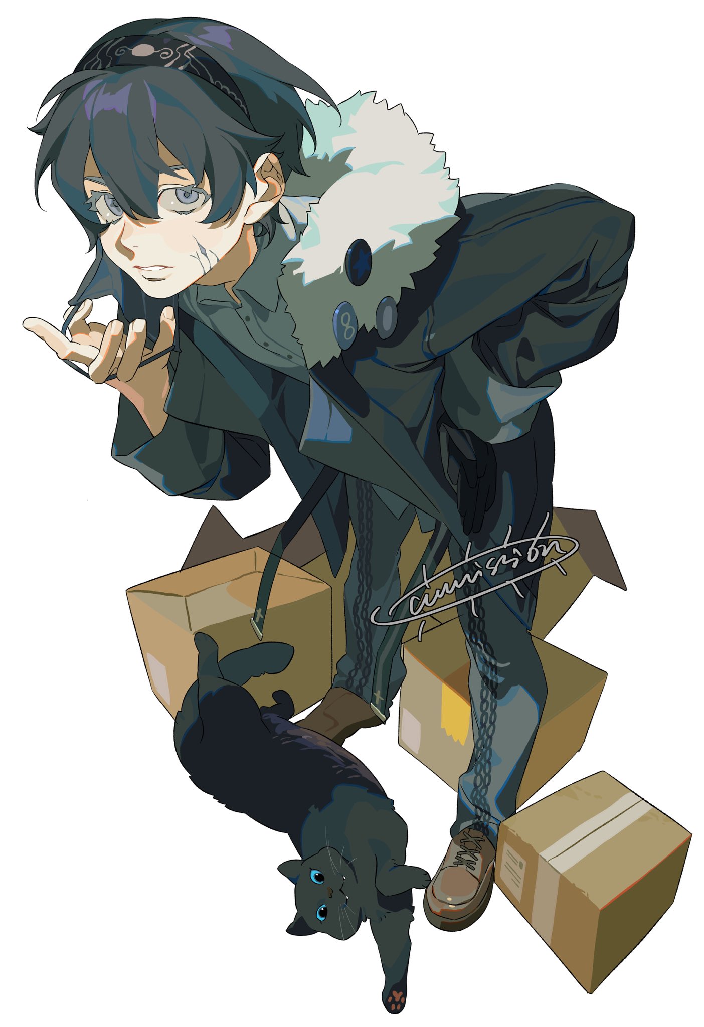 this is an anime style illustration of a male character wearing a dark jacket with a fur collar and brown shoes. he has dark hair, grey eyes, a scar on his face, and a bandana on his head. he's standing amidst scattered cardboard boxes. a black cat is hanging upside down, playing with the boxes. the overall style is reminiscent of a digital painting with distinct lines and shading.