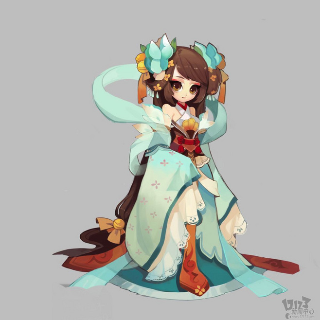 the image showcases a digital character illustration of a young woman, drawn in an animeinfluenced chibi style. she's adorned in an elaborate, flowing dress with floral motifs, suggesting a fantastical or traditional chinese setting. the color palette is soft and pasteltoned, contributing to the overall sense of delicacy and charm. she holds a fan, hinting at elegance and grace.  her large eyes and gentle smile emphasize the cuteness factor typical of the chibi style.