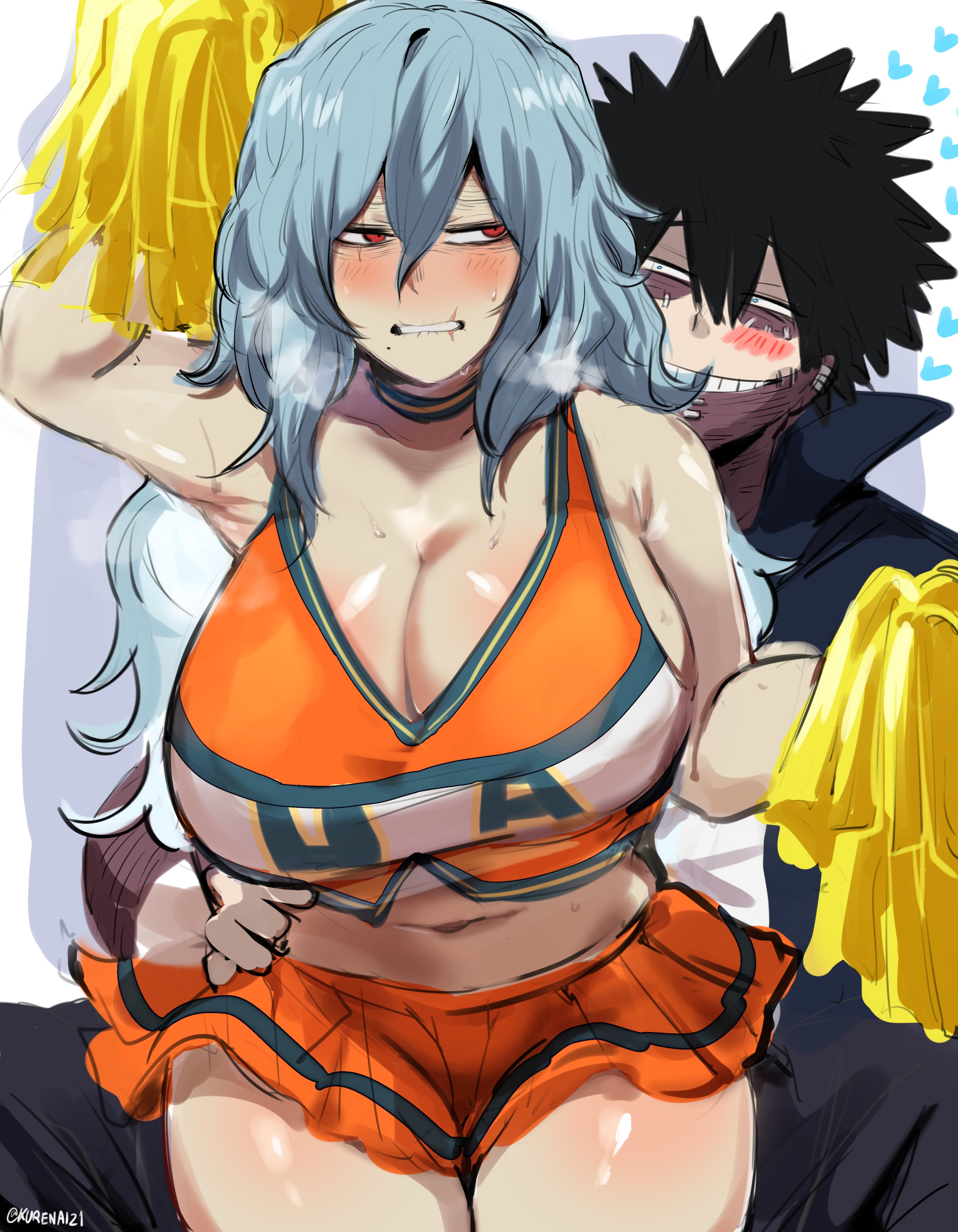 the image is a piece of fanart depicting himiko toga from my hero academia dressed in a ua high school cheerleader uniform. she is embracing todoroki shoto who is partially visible behind her. both characters are blushing, and the overall style is suggestive and flirty, leaning towards a more mature interpretation of the characters. the art style is digital, mimicking the style of manga and anime, with dynamic linework and shading. the background is simple, focusing attention on the characters.  toga is holding pompoms in each hand.