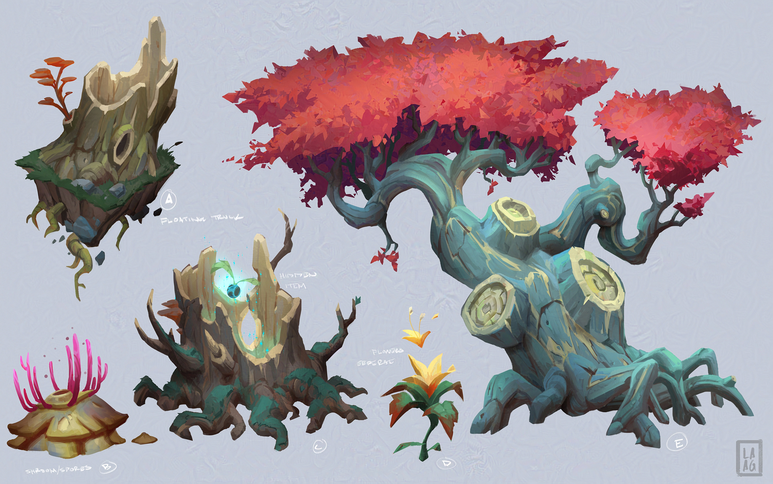 the image showcases concept art of fantasy vegetation, including a vibrant red tree,  various tree stumps adorned with mystical elements, and unique plant life.