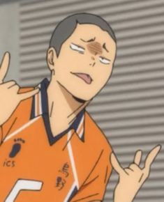 this is a digital illustration of tanaka ryuunosuke from the anime haikyuu!!. he is shown from the chest up, making a playful expression with his tongue sticking out and making hand gestures. he is wearing his orange and black karasuno high volleyball uniform. the background is a pale gray with horizontal lines. the image has warm and soft lighting.