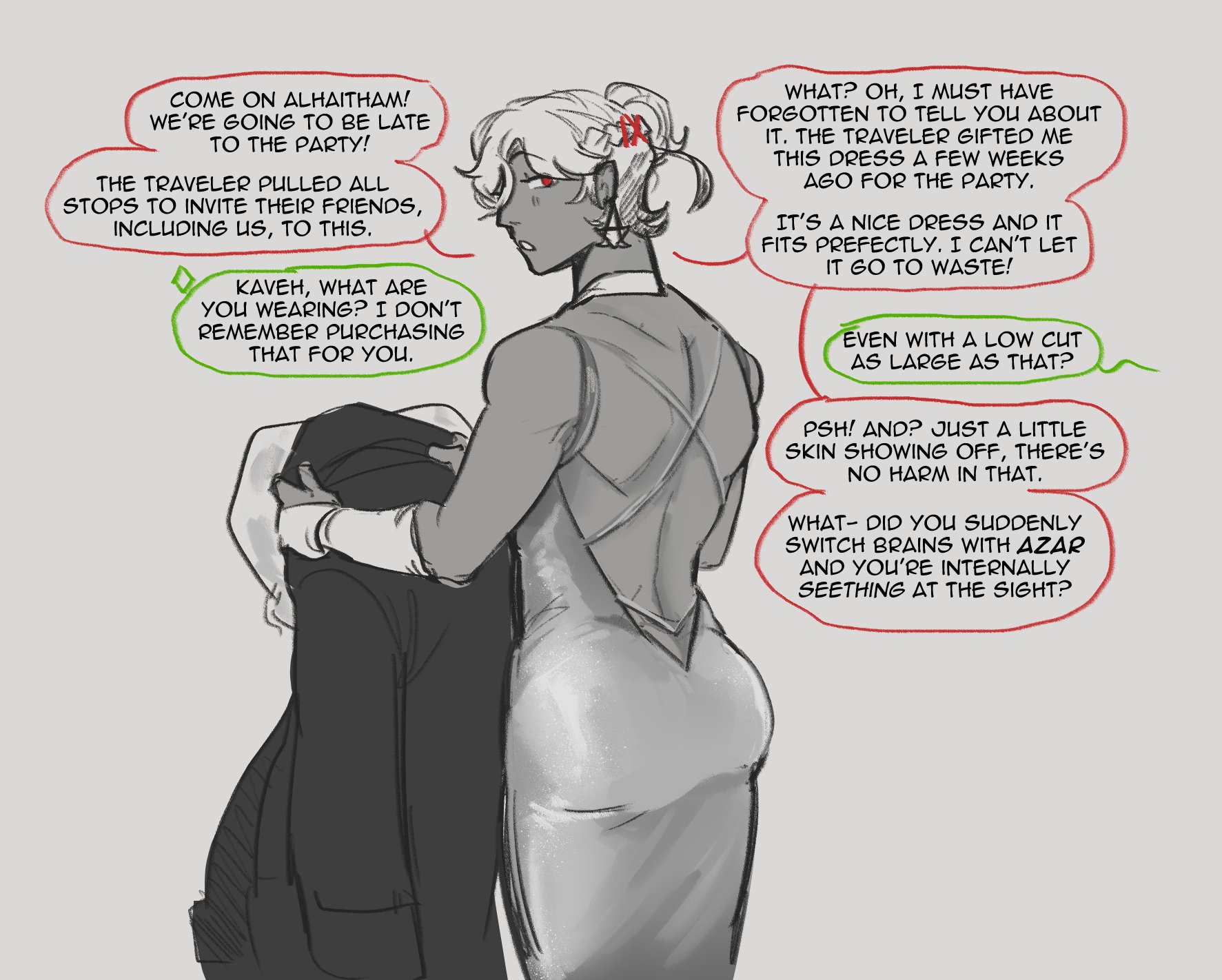 the image shows a scene from a comic or fanart with two characters: alhaitham and kaveh. it depicts a situation where kaveh is wearing a dress that alhaitham feels uncomfortable with, potentially because he's jealous of the attention kaveh is getting. the scene suggests some sort of conflict or tension between them.