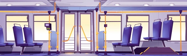 he image showcases the empty interior of a modern train.  rows of blue seats are positioned on either side of open double doors, leading to a glimpse of the platform beyond. large windows offer a view of the outside, while overhead lighting illuminates the scene. handrails provide support for standing passengers, and a ticket validator is mounted on the wall.