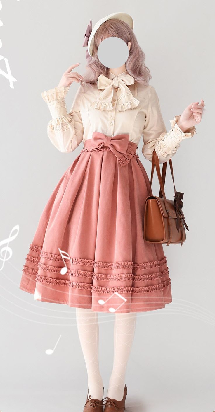 a woman is wearing a lolita fashion outfit which includes a pink skirt with ruffles, a cream blouse with a bow, a matching hat, and a brown handbag. she is posing against a plain white background. the image appears to be professionally lit.