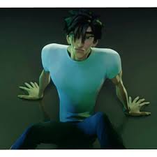 the image showcases a 3d rendered, stylized male character. he's likely a cartoon character given his exaggerated features and posing.  he wears a simple, light blue tshirt and darker blue pants. the background is dark and nondescript, suggesting a studio setting. dramatic, artificial lighting illuminates the character, emphasizing his muscular build and highlighting specific details. the low angle perspective contributes to a sense of dynamism and power.