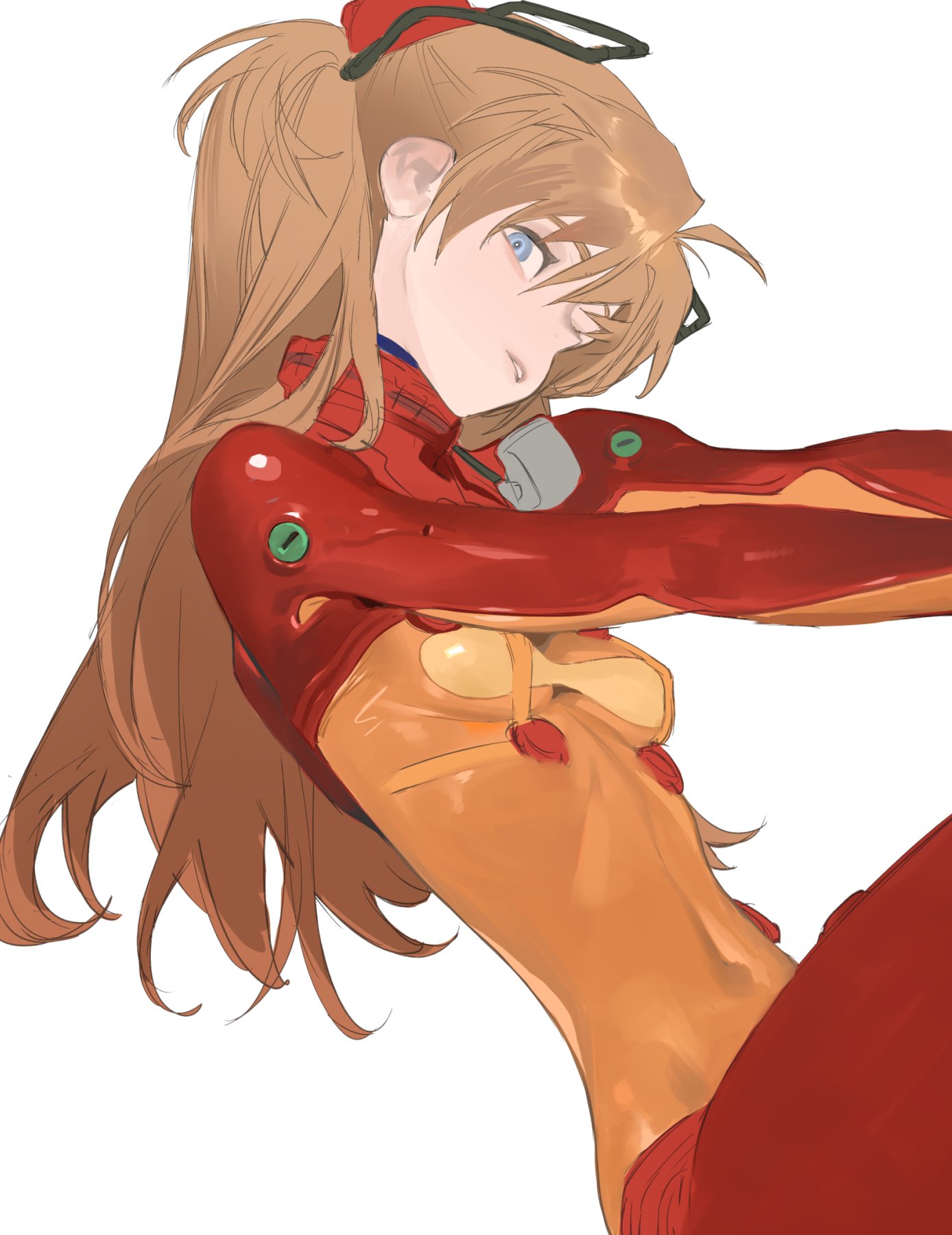a digital illustration of a young anime girl with long red hair, wearing a red suit, poses with a thoughtful look on her face.