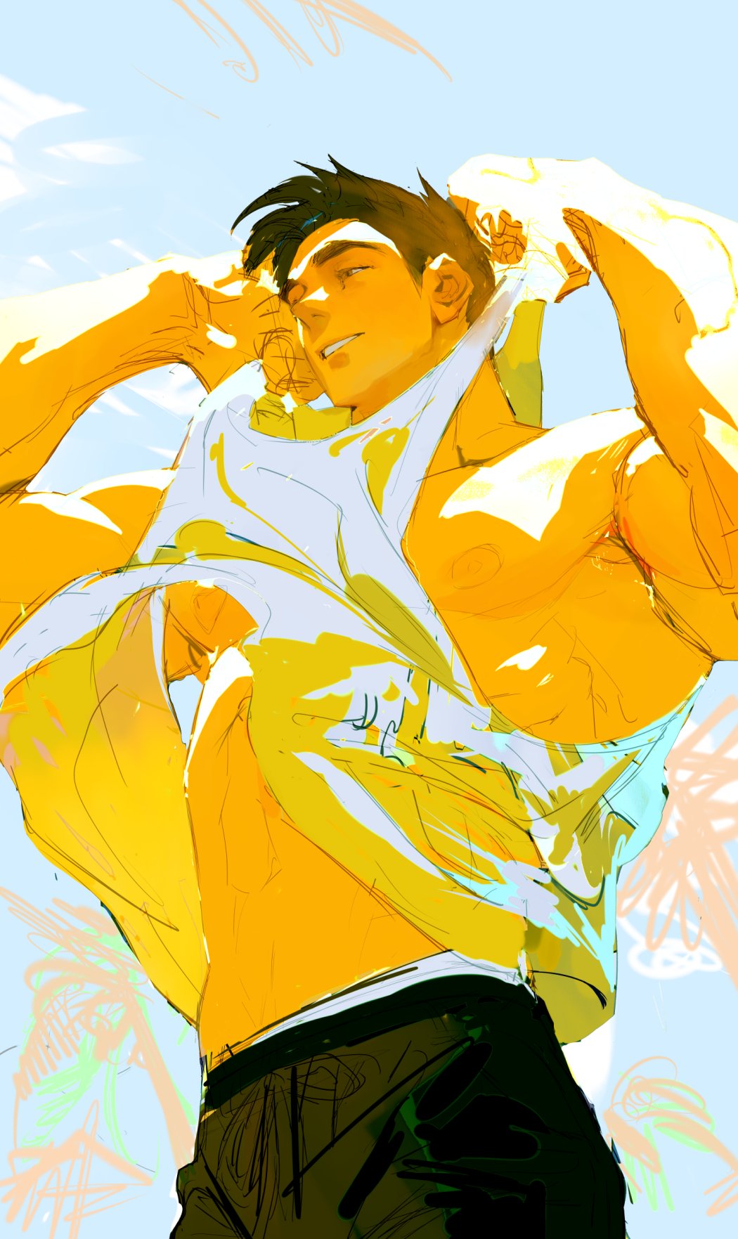 a digital illustration of a man with his shirt off in the summer, with a bright yellow/orange color palette with accents of green and blue. the man is shirtless in a sleeveless tank top and has his arms up by his head to remove it. his body is tanned and muscular. in the background there are stylized trees and a blue sky.