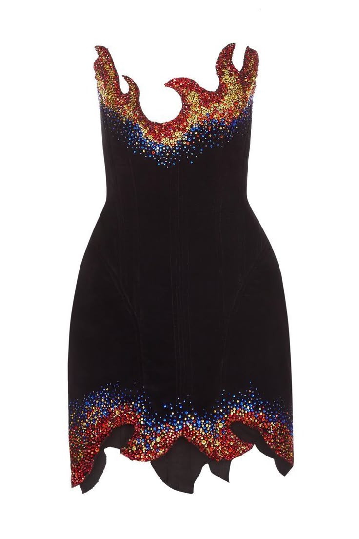a strapless black cocktail dress with a formfitting silhouette, adorned with a flame design created with red, gold, and blue sequins along the top edge and bottom hem.