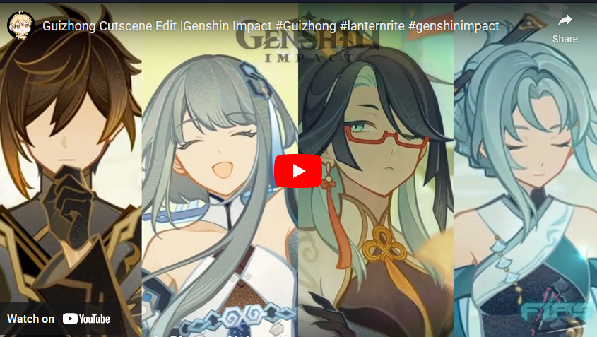 this image shows a thumbnail for a youtube video about genshin impact. the video is about a cutscene edit for the character guizhong. the thumbnail features several characters from the game, including guizhong,  xiangling, and ganyu. the background of the thumbnail is a blurry image of the game's world. the video is being shared on youtube, and the thumbnail is designed to attract viewers' attention.