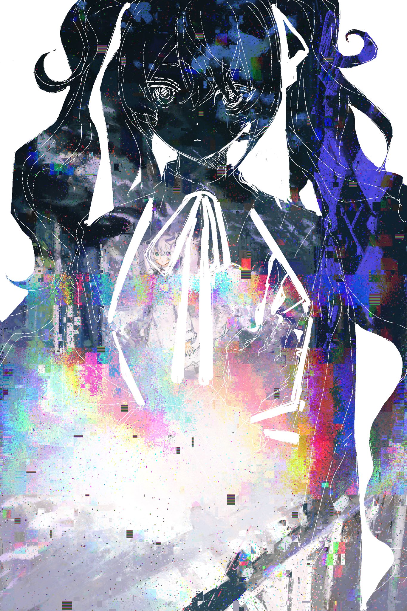 the image is a digital artwork depicting an anime girl with long black hair and a white collar. the girl's expression is sad, and her eyes are wide open. she is positioned in the center of the image, and the background is a colorful and abstract mixture of colors and shapes. the image has a very digital feel to it, and it appears to be corrupted with glitches and static. the overall effect of the image is one of sadness, confusion, and disorientation. the image could be interpreted as a representation of the feelings of a person who is lost in a virtual world. the use of glitches and static could symbolize the feeling of being disconnected from reality. the girl's sad expression could be seen as a reflection of the loneliness and isolation that one might experience in a virtual world.