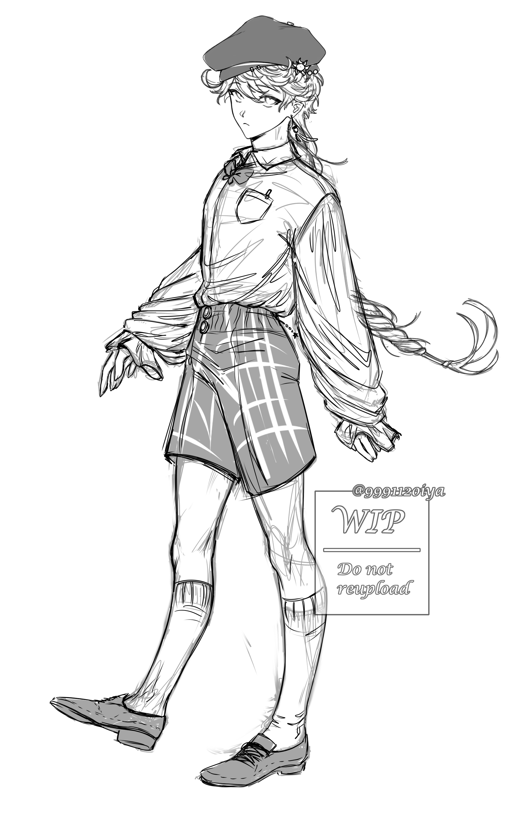 the image is a grayscale digital sketch of an animestyle male character.  he's depicted in a casual outfit consisting of a loose, longsleeved shirt, plaid shorts, kneehigh socks, and shoes. he wears a beret and has long braided hair. the style is loose and sketchy, indicating it's a work in progress (wip), as noted by a label on the image. the overall impression is of a stylish and slightly androgynous young man.