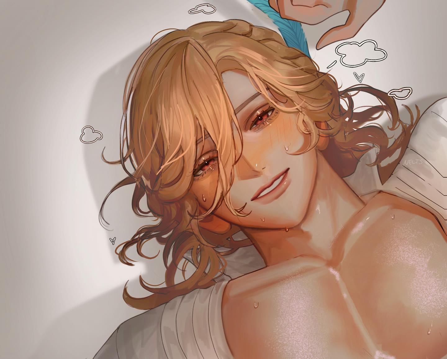 the image is a digital painting or illustration in an anime/manga style. it depicts a closeup of a young, attractive male character with long, blond, curly hair. he appears to be lying down, partially shirtless, with sweat glistening on his skin. his expression is a blend of happiness and perhaps slight sadness or longing, suggested by the blush on his cheeks and glistening eyes that look like happy tears.  the overall tone is romantic and suggestive, enhanced by soft lighting and color palettes, thought bubbles indicating a possible internal monologue, and the partially visible arm of another person in the upper corner hinting at a romantic or intimate situation.  the artist's style is characterized by soft lines and delicate shading, rendering a very sensual image.