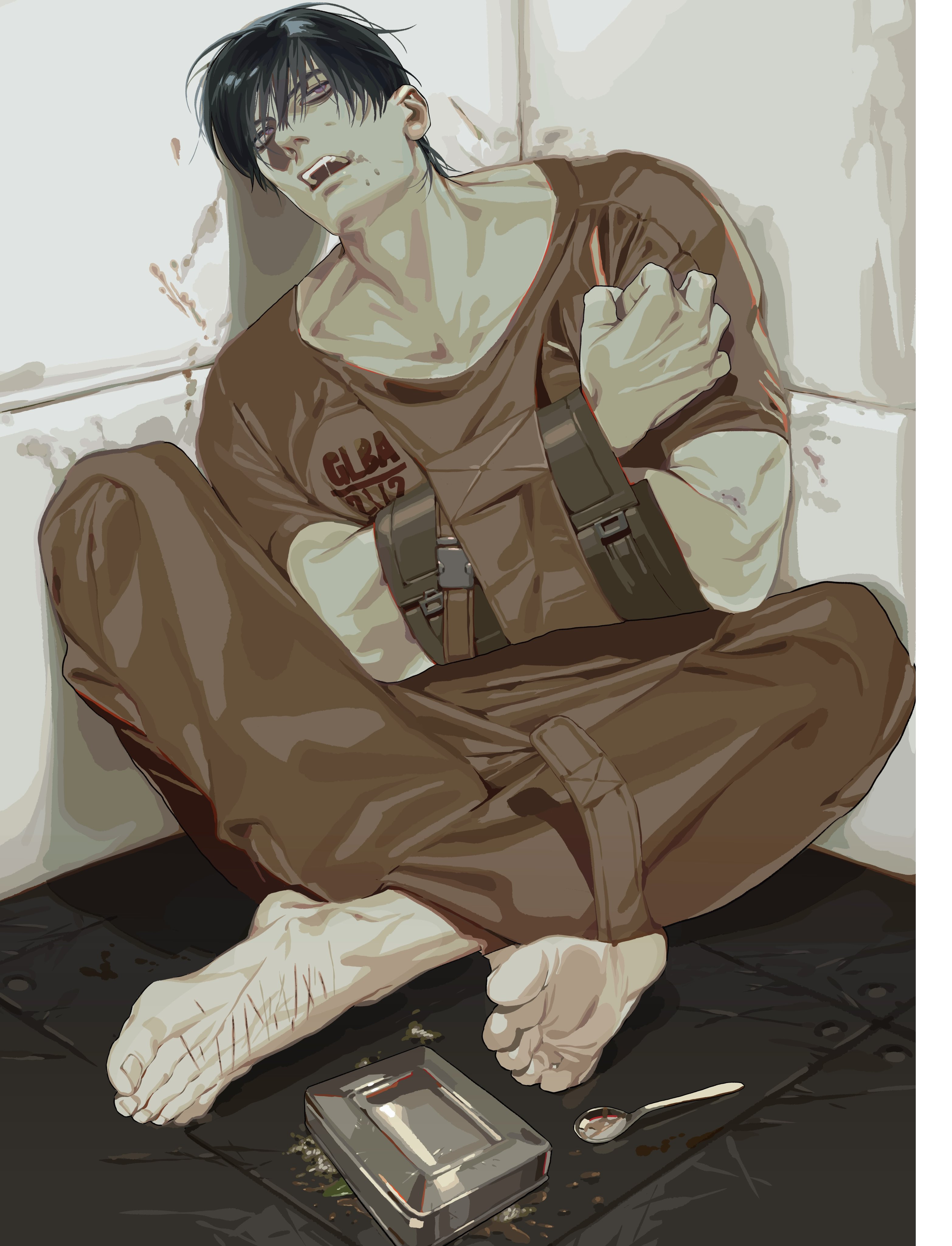 an illustration depicts a man with dark hair in a straitjacket, sitting crosslegged in a corner of what appears to be an asylum cell. his bare feet are visible, showing scars. beside him on the floor is a metal tray and a spoon. the scene suggests themes of mental illness, imprisonment, and possibly drug addiction or substance abuse.