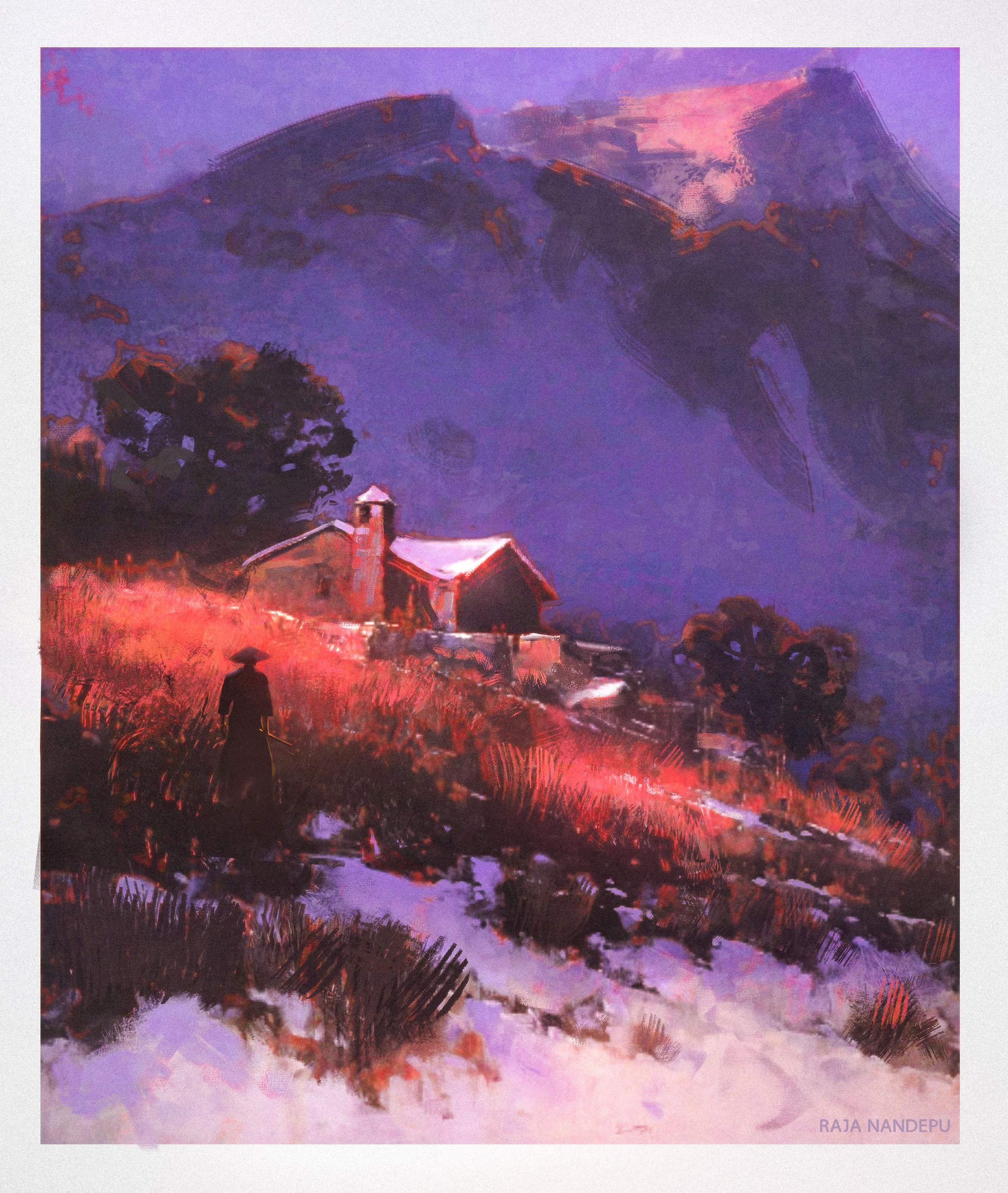 the painting showcases a captivating mountain landscape at sunset. the scene is dominated by a majestic purple mountain range, its peaks partially shrouded in a warm, orange glow from the setting sun. nestled at the foot of the mountains, a small, snowcovered cabin stands amidst a field of reddishorange vegetation. a lone figure, silhouetted against the snow, walks towards the cabin, adding a sense of mystery and tranquility to the scene. the sky transitions from deep purple to a soft orange and yellow near the horizon, creating a breathtaking backdrop for the serene winter landscape. the use of warm and cool tones, combined with the skillful depiction of light and shadow, evokes a sense of peace and wonder.