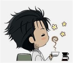 this is an animestyle drawing of a man with black hair and a white shirt. he's facing the right and enjoying a cup of coffee with steam curling upward. there are small, stylized yellow flowers around his head, and a coffee pot with a black base sits next to his cup. the style is reminiscent of chibi characters with exaggerated features like large eyes.