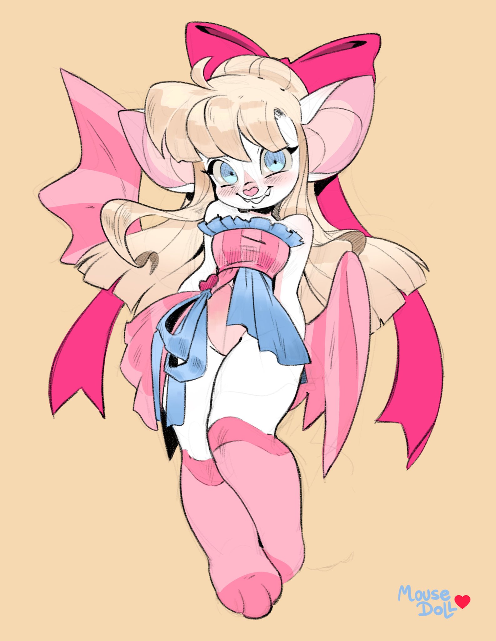 the image is a digital drawing of an anthropomorphic mousebat hybrid girl. she possesses large ears reminiscent of a bat,  long blonde hair styled in a way that suggests anime or manga influence. she wears a light pink and baby blue dress with a large pink bow in her hair. the overall style is cute and pastelcolored, fitting the "kawaii" aesthetic.  the character's legs are clad in pink socks, and her feet are distinctly pawlike. the artist's signature "mouse doll" is subtly placed in the bottom right corner. the art style is reminiscent of character designs found in anime and furry fandom. the background is a simple light beige.
