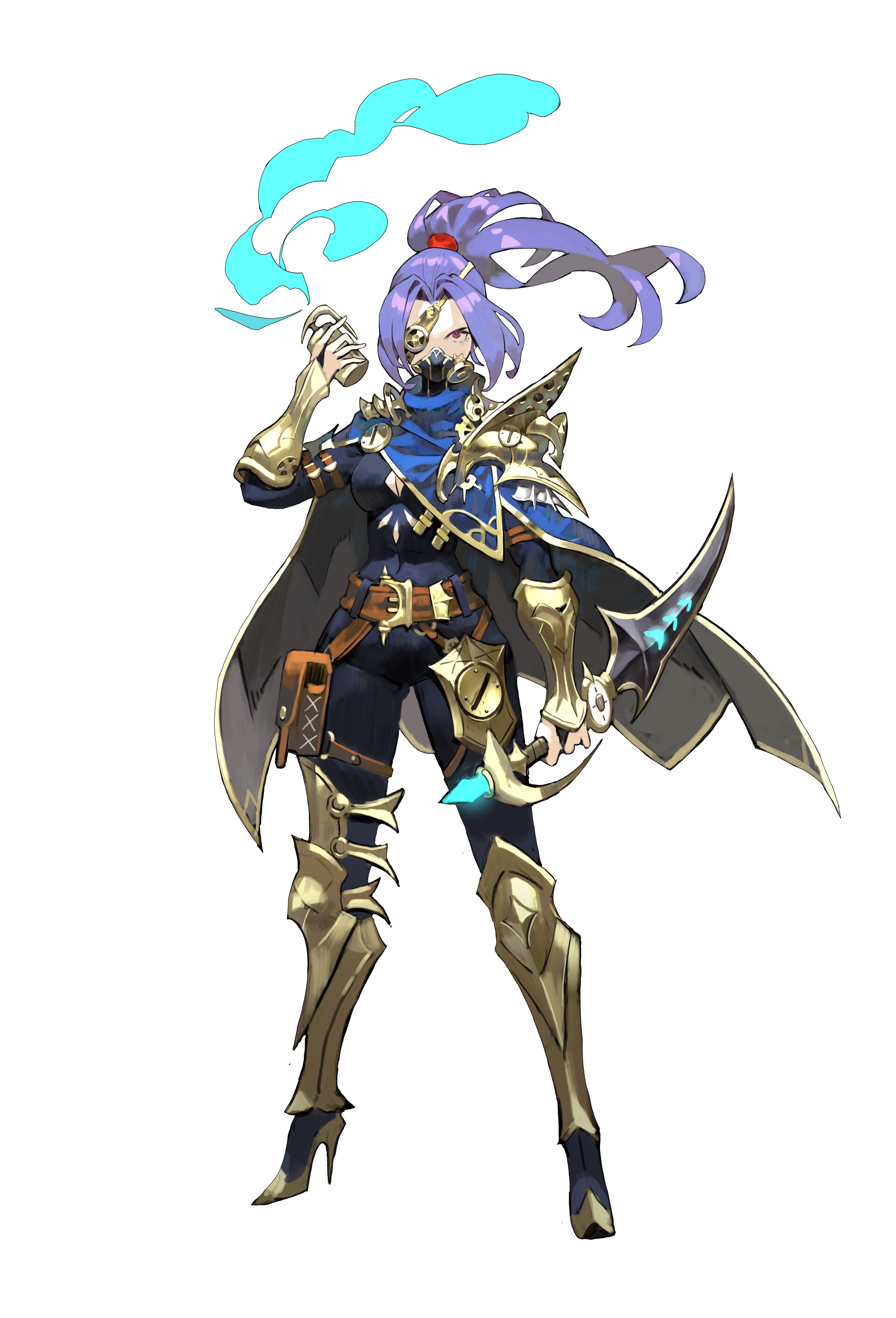 the image shows an animestyle female character wearing a gas mask and ornate gold armor. she has purple hair tied up in a ponytail. she is holding a potion in one hand with blue smoke emanating from it and wielding a crescentshaped weapon with a blue gem in the other. she is wearing a dark blue outfit with a cape.