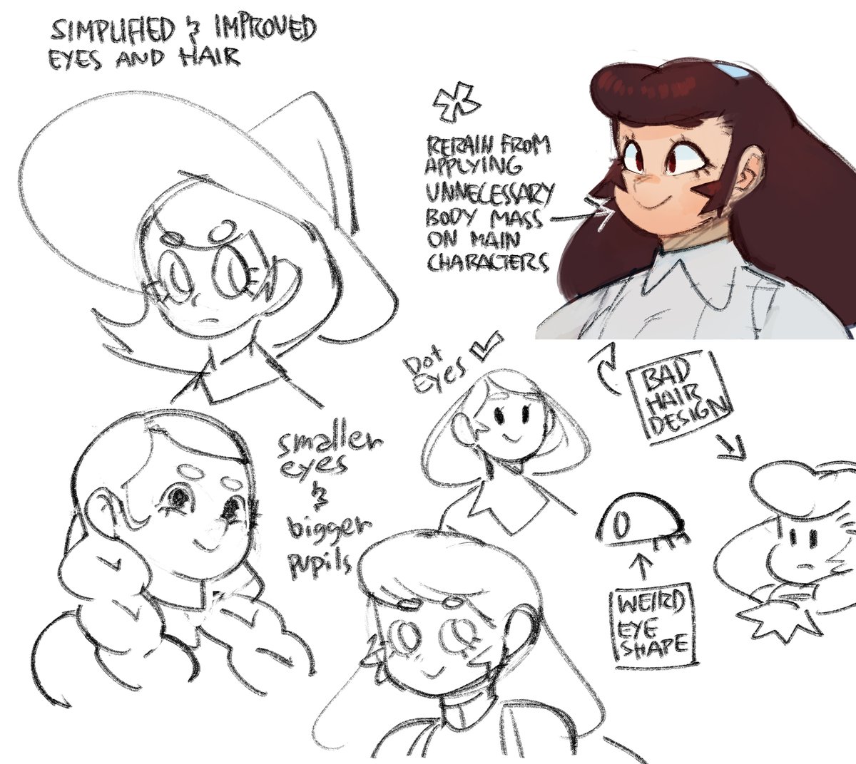 the image is a drawing of a character design tutorial. it shows how to simplify and improve the eyes and hair of a character. the tutorial shows different examples of bad and good designs, and explains how to make the characters more appealing. the drawing is done in pencil and is very detailed.