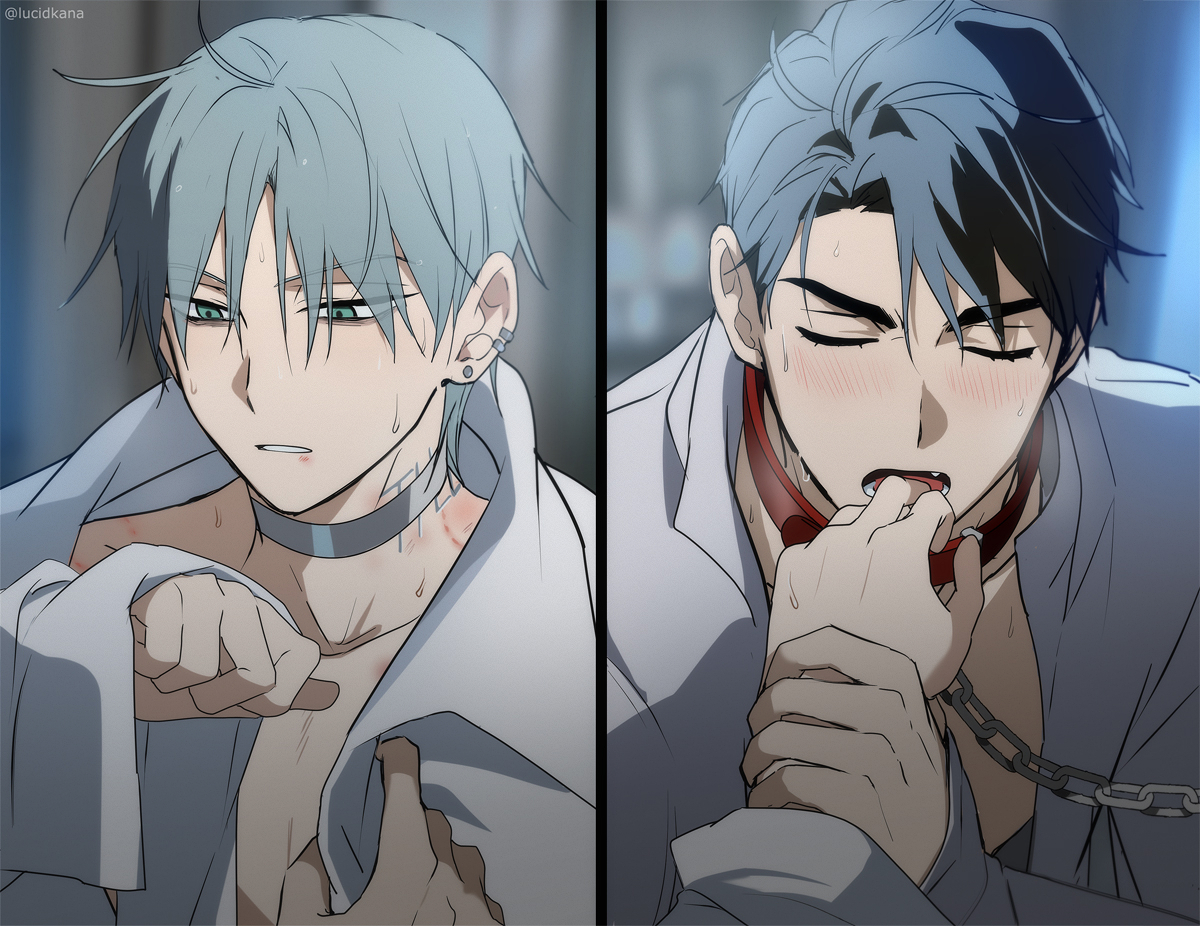 this image shows two anime boys, both with light blue hair. the boy on the left is wearing a white shirt with a white collar and is looking at the camera with a shy expression. his eyes are green, and he has a slight blush on his cheeks. the boy on the right is wearing a white shirt with a red collar and is biting his finger. his eyes are closed, and he has a bright blush on his cheeks. both boys are wearing a chain collar and are tied up. the image is set in a dark, shadowy room.