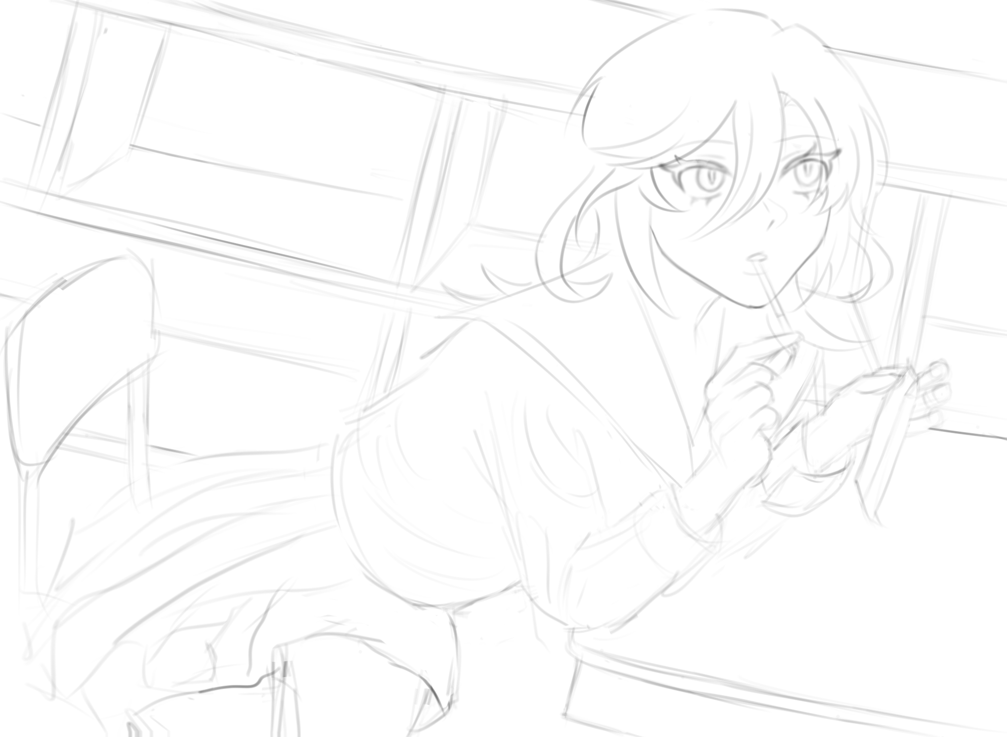 a light pencil sketch of an animestyle schoolgirl sitting at a desk, seemingly deep in thought as she holds a pencil and gazes downwards. the style is loose and suggestive of a work in progress, with soft lines and shading.  the girl is wearing a school uniform. the setting appears to be a classroom or study hall, indicated by the desks and chairs partially visible in the background. the overall mood is calm and contemplative.