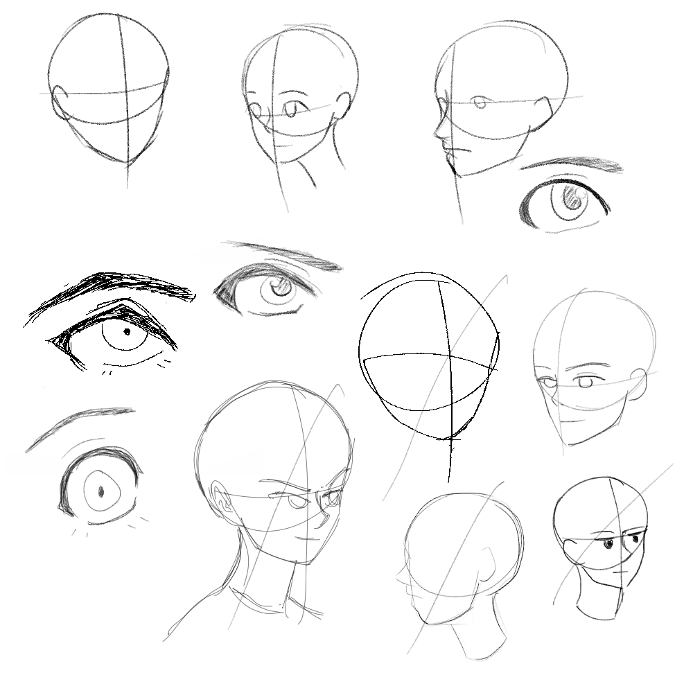 this image contains a collection of pencil sketches focusing on the drawing of anime/mangastyle heads, faces, and eyes.  the sketches range from basic head construction guides with guidelines indicating proportions and perspective, to more detailed facial features like eyes and expressions.  multiple examples of eyes are shown, and several different head angles are demonstrated.  the style is loose and expressive, typical of preliminary sketches.