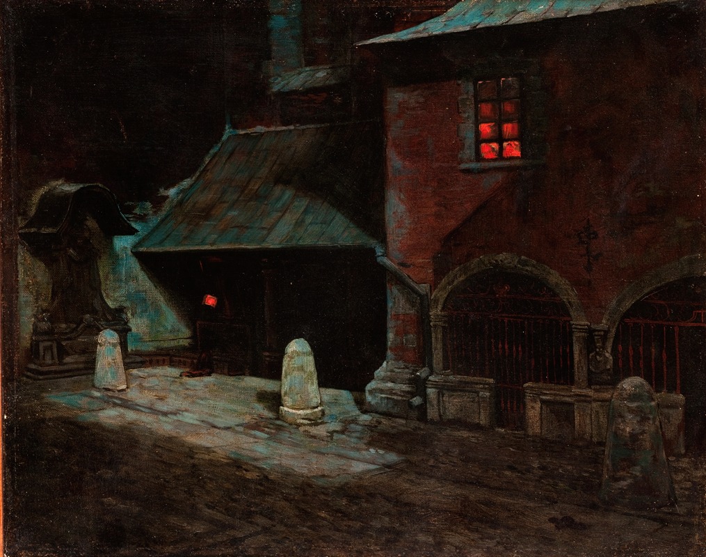 the painting depicts a night scene in a european city. it shows a red brick building with a window illuminated with red light. the building is connected to an arched stone structure with metal gates. in front of the building, there are stone sculptures and bollards along a dimly lit street. the painting uses dark tones and subtle light effects to create a mysterious and historical atmosphere.