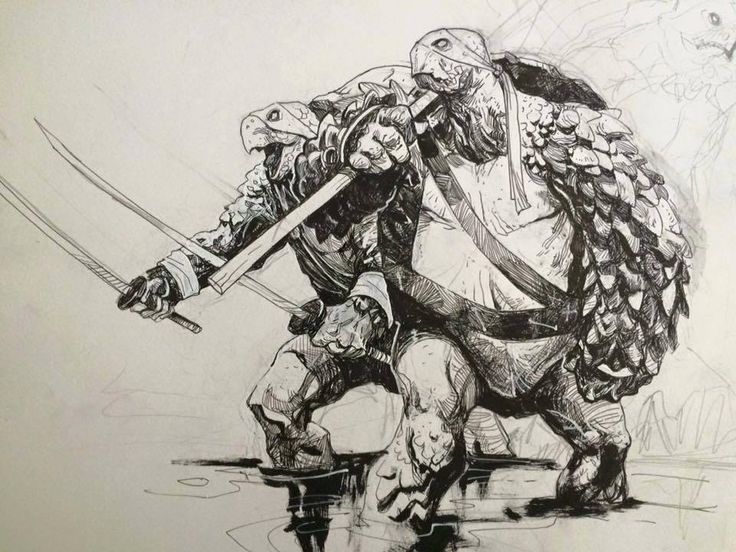 a detailed black and white drawing of two anthropomorphic turtles wielding katanas and standing in a water environment. the turtle in the foreground is in a fighting stance. both turtles are in a comic book style.