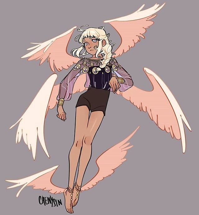 this illustration shows a beautiful female angel with large feathery wings in a pink color. she has blonde hair and is wearing a loose purple top with gold accents and black shorts. her expression is calm and confident.  the background is a plain gray color, allowing the angel and her wings to stand out.  the drawing style is whimsical and whimsical, with a touch of whimsy and fantasy.