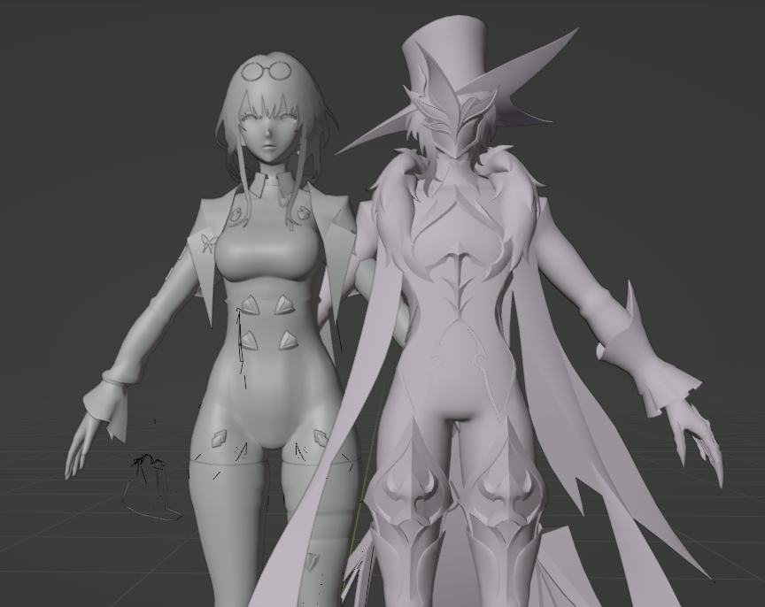 a 3d rendering of a pair of characters. the female character has long hair and is wearing a suit and glasses. the male character is wearing a large hat, a mask, and a cape.