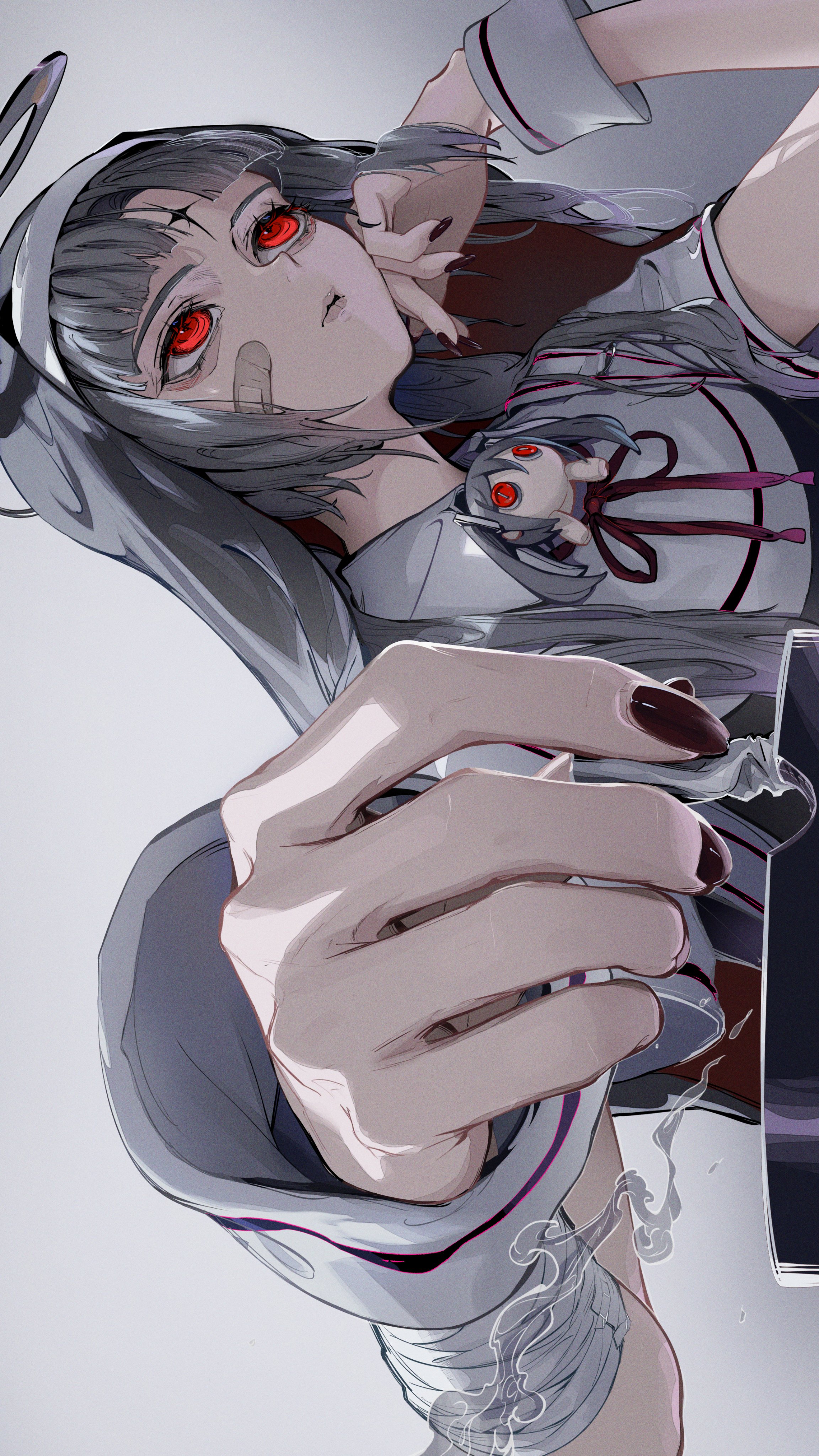 a closeup view of an anime girl looking down at the viewer with red eyes and grey hair. she has blood on her hand and bandages around her wrist. she is dressed in a white outfit. the background is dark and mysterious.