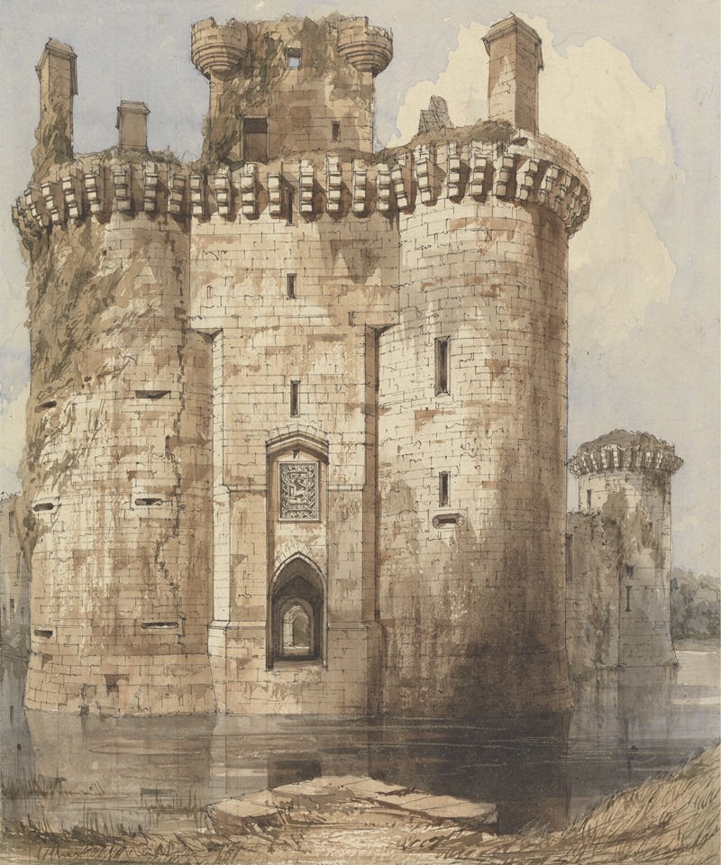 a watercolor painting depicts the ruins of a medieval stone castle surrounded by a moat. the castle features multiple towers and turrets, with noticeable crenellations along the top. the stonework appears weathered and aged, with some vegetation growing on the structure, indicating its historic nature. the moat reflects the castle's image, and some foliage is visible in the foreground and background.