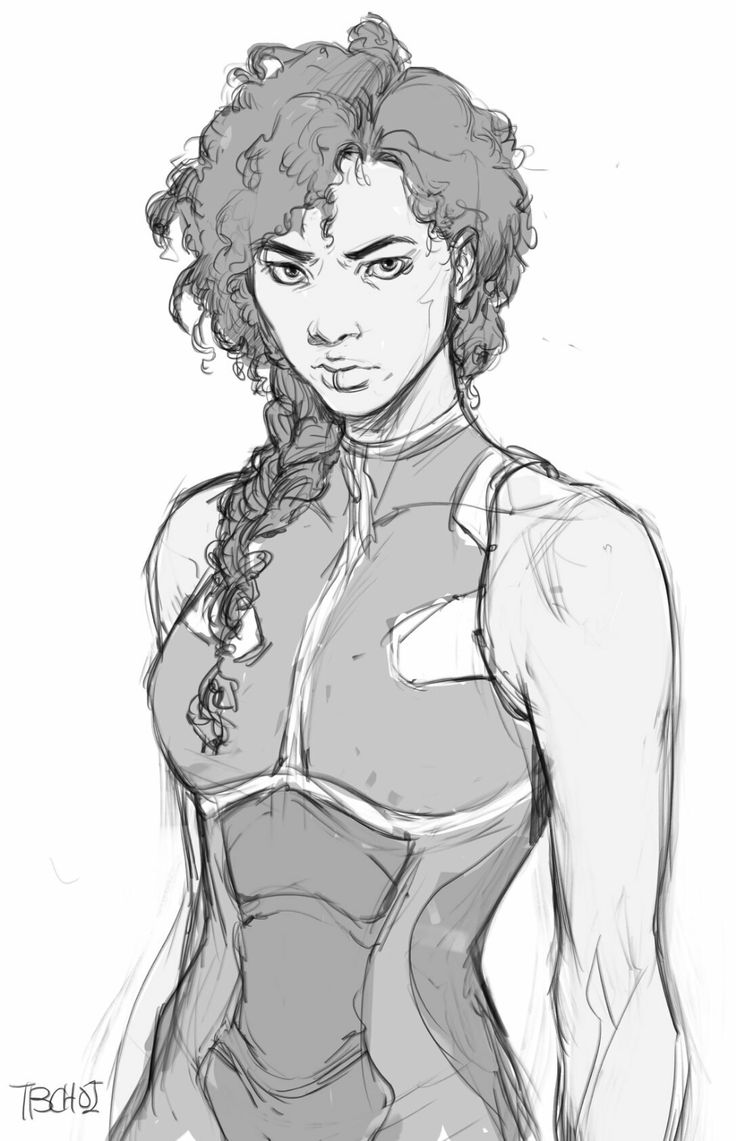 a grayscale sketch of a young woman with curly hair styled in a braid. she's wearing a futuristiclooking sleeveless top or vest with subtle armor details. her expression is serious, almost stern. the style is loose and expressive, typical of concept art or character design sketches, with visible brushstrokes and shading. the background is plain white, emphasizing the figure.