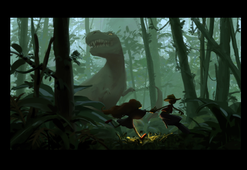 the illustration depicts a dramatic scene in a dimly lit, dense jungle. a large tyrannosaurus rex looms in the background, partially obscured by foliage. two children, a girl with long red hair and a boy wearing a hat, are running away from the dinosaur, handinhand. the overall mood is suspenseful and adventurous, suggestive of a story or a scene from a fantasy film. the artistic style is painterly and digital, with a focus on atmospheric perspective and shadow play to create depth and mood.