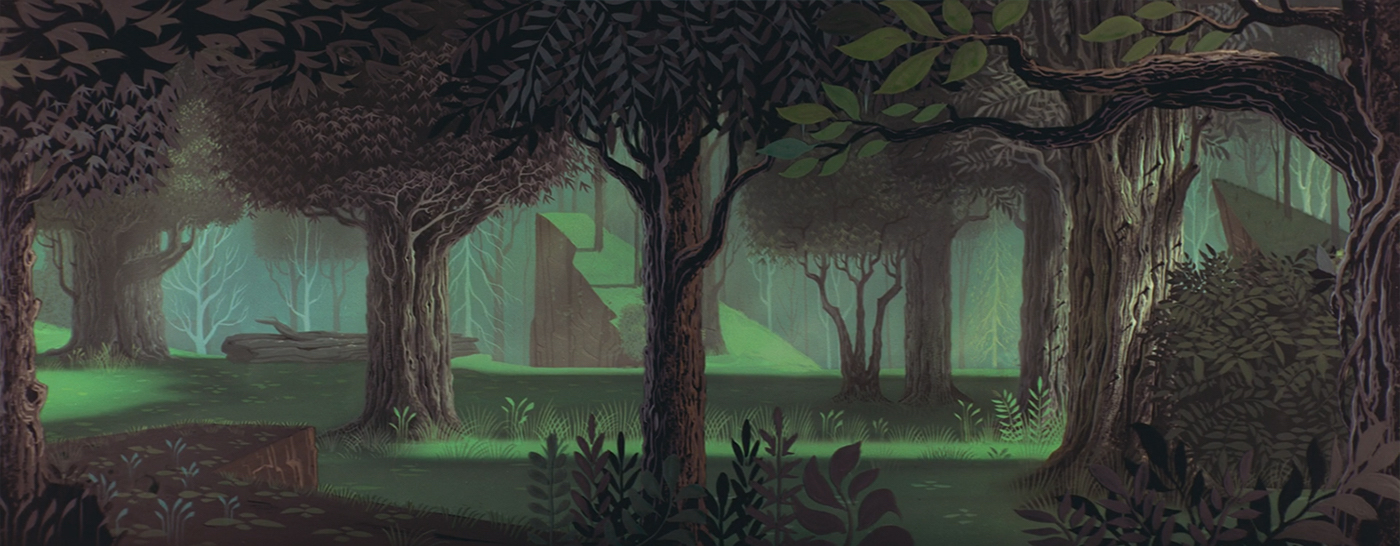 this illustration showcases a dense and mysterious forest shrouded in an ethereal, almost nocturnal, light. towering trees with thick trunks and lush foliage dominate the scene, their canopies casting long shadows that create a sense of depth and intrigue. the undergrowth is a vibrant green, suggesting a hidden vibrancy beneath the shadowy canopy.  the overall atmosphere is one of mystery and enchantment, inviting the viewer to step into this captivating woodland realm.