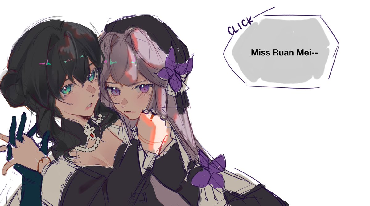the image is a digital drawing or painting, seemingly fanart, depicting two animestyle girls in a close and affectionate embrace.  the girl on the left has dark hair styled in buns, teal eyes, and is wearing a dark dress with a pearl necklace. the girl on the right has long, pale purple hair, purple eyes, and wears a dark dress with purple butterfly accents. the art style is loose and sketchy, with visible brushstrokes. a speech bubble labeled "click" appears near the upper right, with the text "miss ruan mei" indicating a possible character name or source. the overall mood is sweet and intimate, suggestive of a close relationship between the two characters. the image has a slightly unfinished feel, indicative of work in progress.