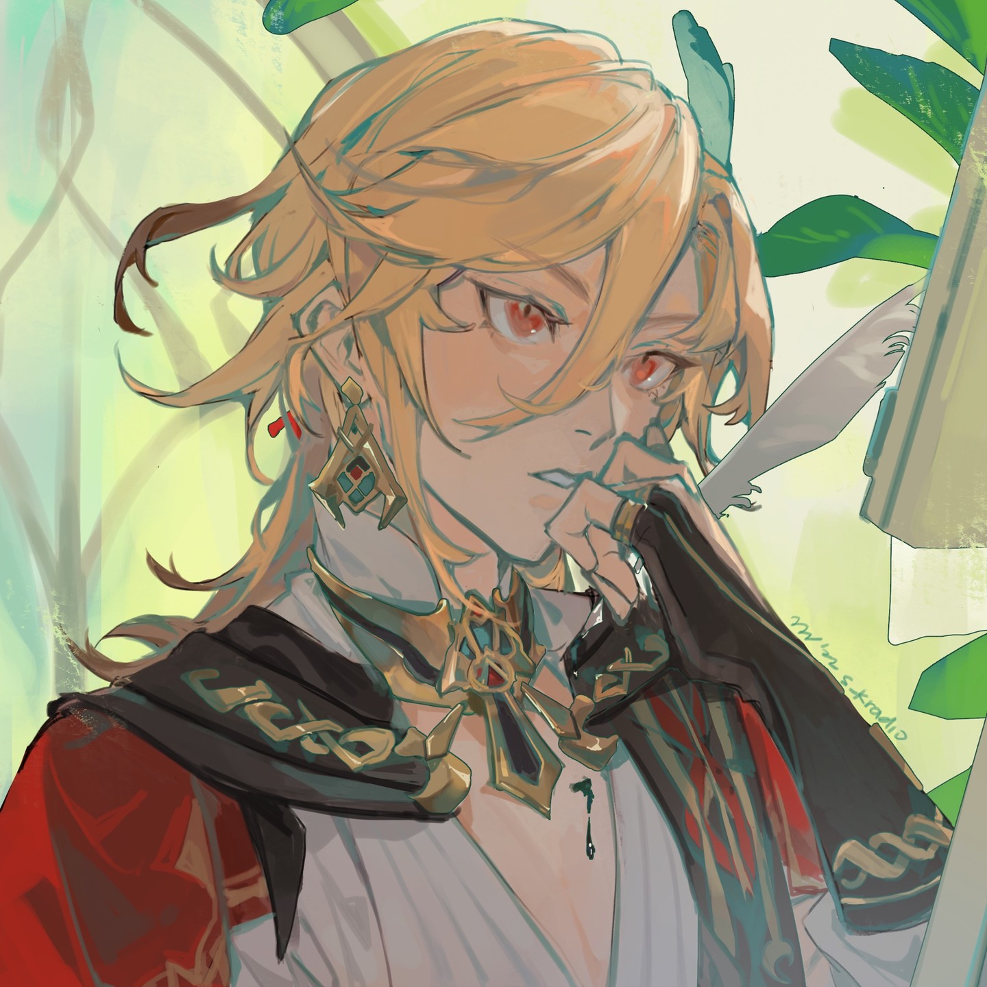 the image is a digital painting or illustration of a young, androgynous male animestyle character.  he has long, blond hair, striking red eyes, and is wearing elaborate, ornate clothing in shades of red, gold, and black. the outfit features intricate details and what appears to be a highcollared shirt or coat, as well as  jewelry around his neck.  he has his fingers to his lips in a contemplative pose.  a feather rests near his hand, and part of a book or large document is visible in the background, along with some leafy green plants. the style is artistic and painterly, with soft, blended colors and a slightly dreamy atmosphere. the overall mood is one of mystery and quiet contemplation.  the artwork's style strongly suggests fan art, potentially from a game like genshin impact.