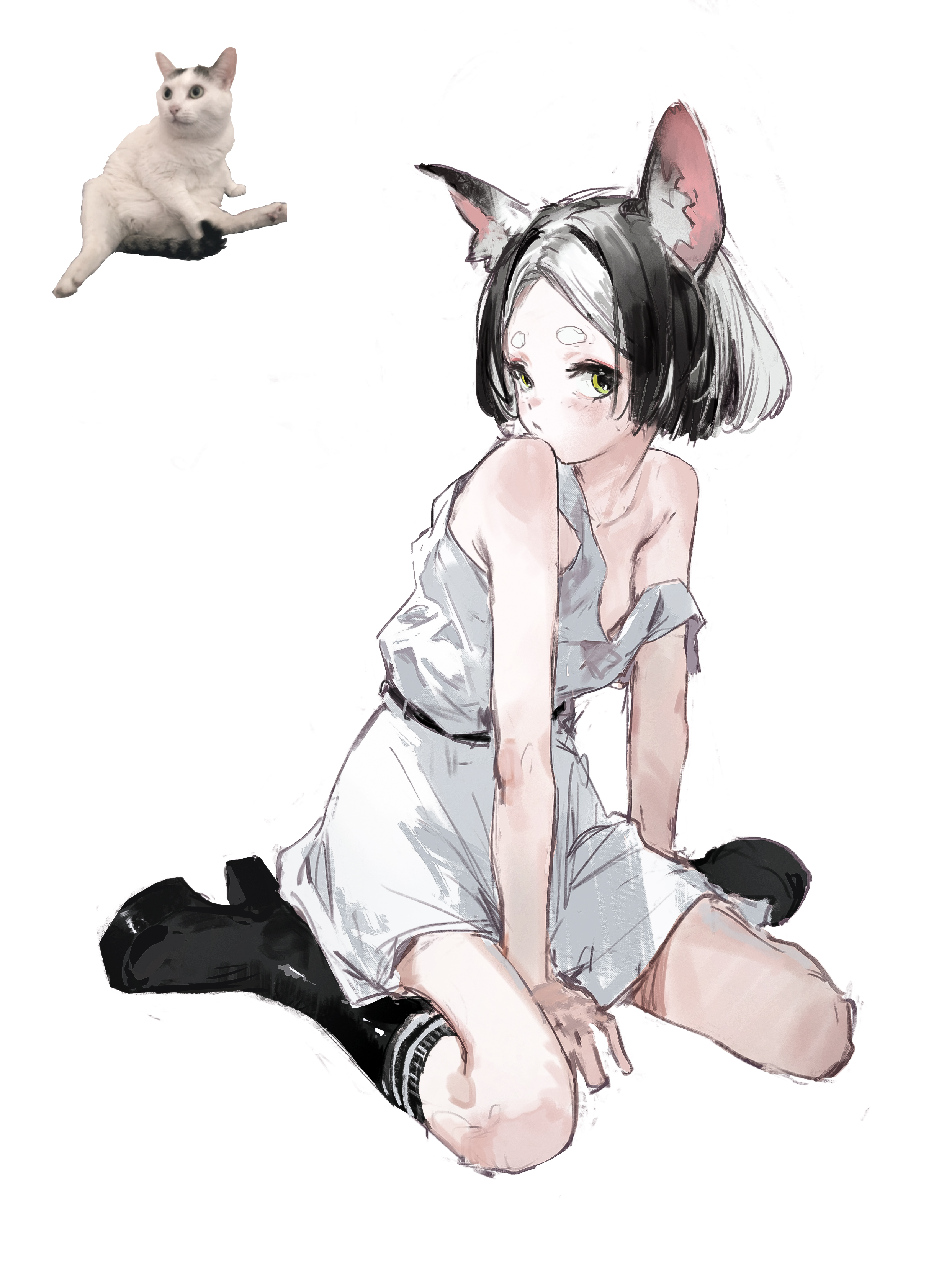 a digital art illustration of an anime girl with cat ears wearing a white dress and black boots sitting on the floor, looking down. the girl is drawn in a sketchy style with soft colors and shading. the illustration has a delicate and whimsical feel.