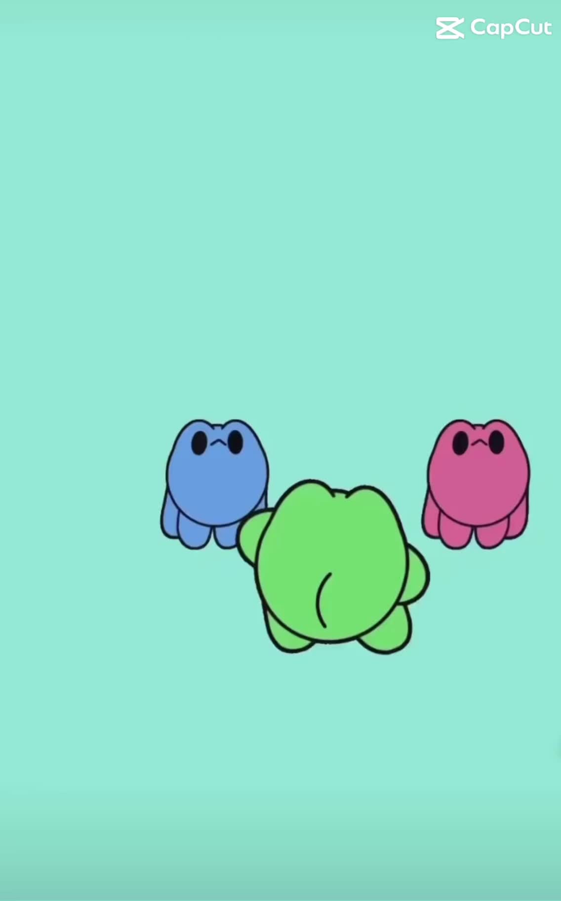 the image is a simple cartoon illustration of three frogs on a light green background.  the frog on the left is blue, the frog on the right is pink, and the frog in the middle is green. they are all facing up. the image is minimalist and cute.