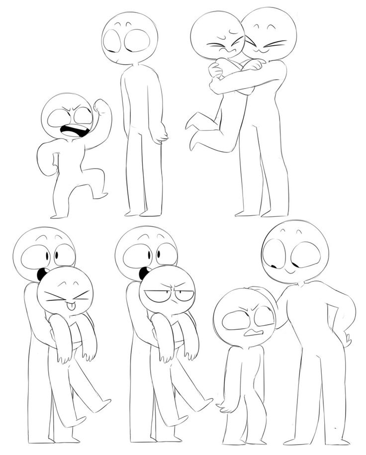 this is a drawing base for sketching out characters. it's an image of different poses of people who are blank for you to add your own characters into. there are 6 poses total.