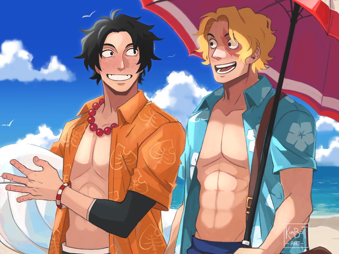 the image is a piece of fanart depicting ace and sabo from the anime and manga series one piece.  they are drawn in a vibrant, stylized manner, characteristic of anime art. both are at the beach, wearing hawaiianstyle shirts, and showing off their muscular physiques.  ace holds a volleyball, and sabo carries a beach umbrella and a brown bag. the background is a sunny beach scene with blue water and fluffy white clouds. the overall style is bright, cheerful, and emphasizes the characters' friendly relationship.