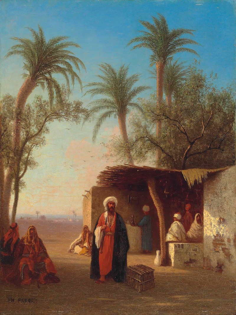 the image is a painting depicting a scene in the middle east or north africa, likely during the 19th century. it features a group of people in traditional clothing, including men wearing turbans and robes, and women in veils or head coverings. in the foreground, a man stands prominently, wearing a red robe and a dark cloak. a cage sits near him. a group of figures are gathered around a simple building structure with a thatched roof, possibly a dwelling or a gathering place. some are seated while others stand near a water fountain. palm trees rise in the background, providing a tropical or oasislike setting. in the distance, a hazy desert landscape stretches out. the painting style is reminiscent of orientalist art, which often depicted romanticized or exoticized views of the middle east and north africa.