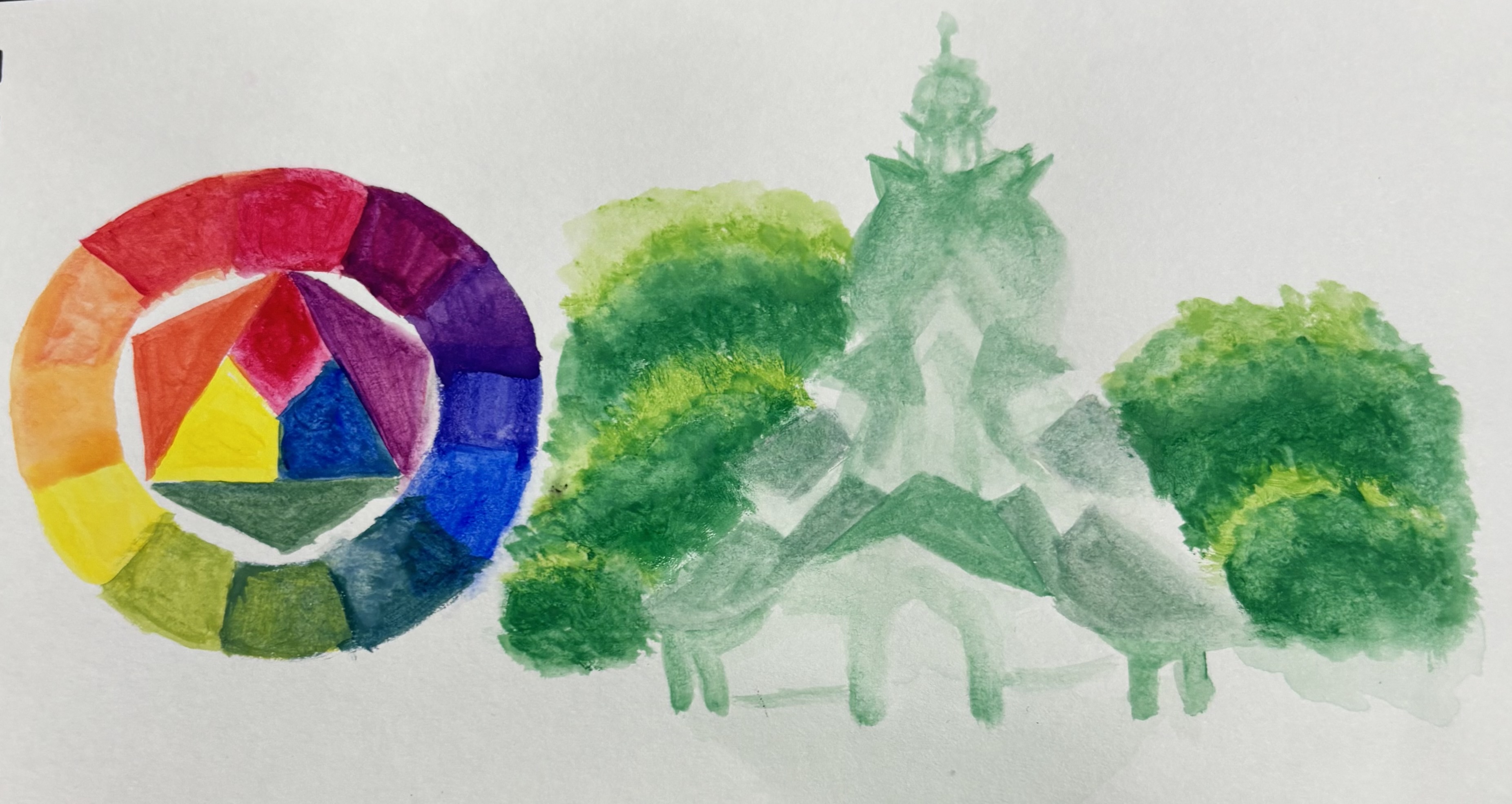 a watercolor painting showing a color wheel on the left with primary colors (red, yellow, blue) and secondary colors (orange, green, purple) arranged around it. to the right of the color wheel is a green painting of a temple surrounded by trees.