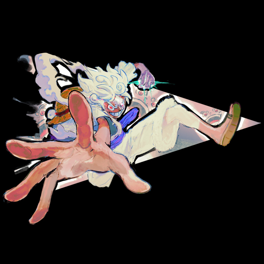 this image depicts a stylized illustration of monkey d. luffy in his awakened, gear fifth form, from the popular anime and manga series "one piece." he is shown with his straw hat, characteristic white and yellow outfit, and his awakened form, featuring white hair and exaggerated body proportions, as he leaps forward with a powerful, energetic pose. his expression is fierce and determined, emphasizing the strength and power associated with his current transformation. the overall style of the image is expressive and dynamic, capturing the action and intensity of his abilities.