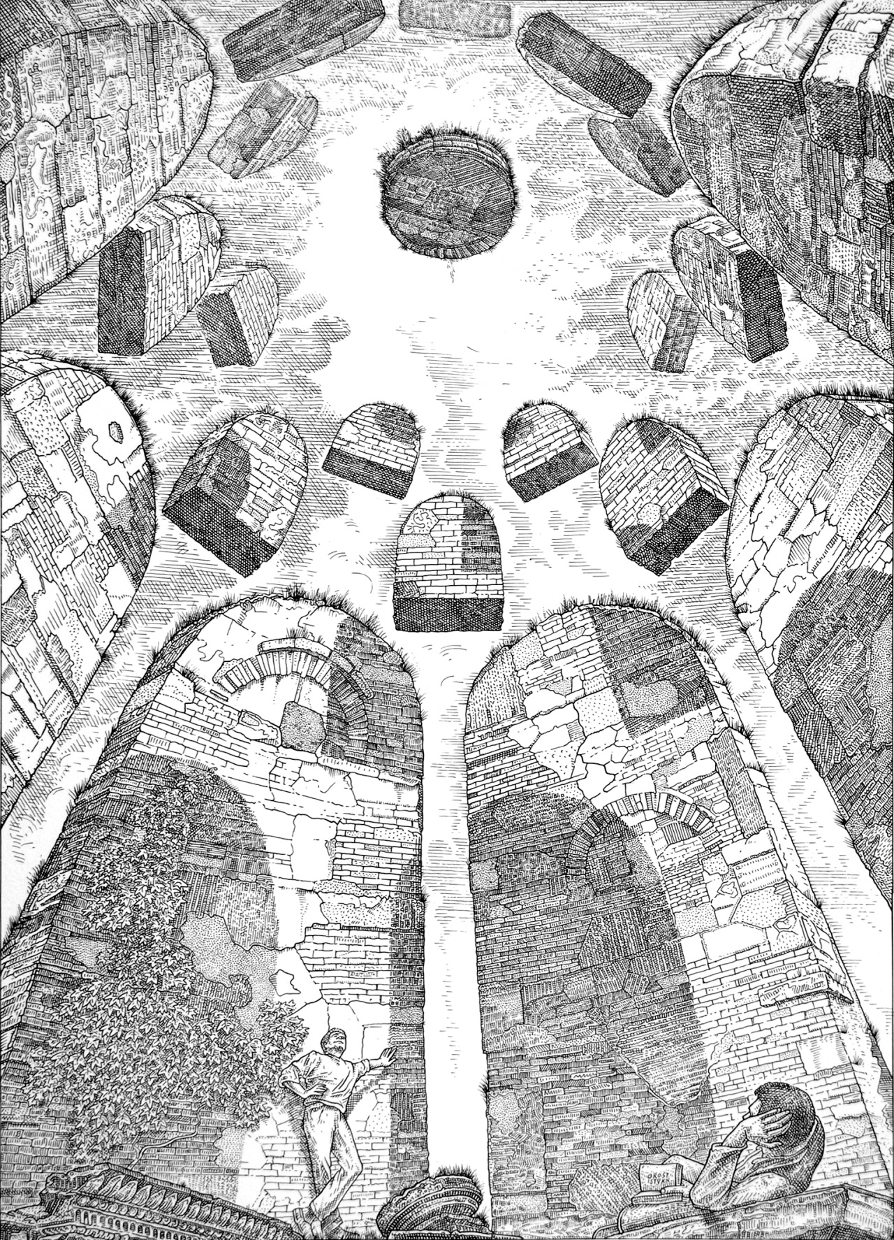 the image is an engraving depicting the interior of an ancient roman building, possibly a bathhouse or a basilica.  the perspective is from the ground floor looking directly upward towards the dome. the dome is open to the sky at its apex.  arches and windows encircle the base of the dome and line the walls, creating a sense of grandeur and spaciousness. the architectural style suggests antiquity, with visible signs of aging and decay. two figures are faintly visible at the bottom of the image, providing a sense of scale to the vastness of the structure.